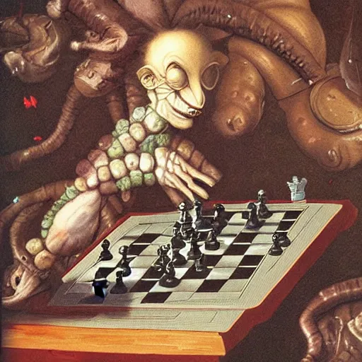 Image similar to alien playing chess looking wise, rococo oil painting, highly detailed