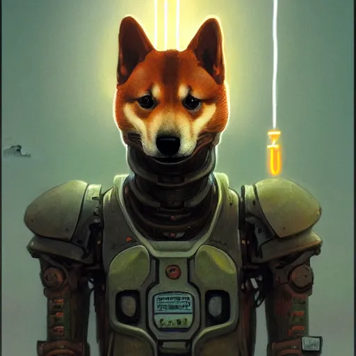 Prompt: realistic anthropomorphic shiba inu, exoskeleton suit mech armor hd fantasy science fiction, glowing electric aura, by donato giancola and greg rutkowski and wayne barlow and zdzisław beksinski, realistic face, visible face, digital art, artstation, symmetry