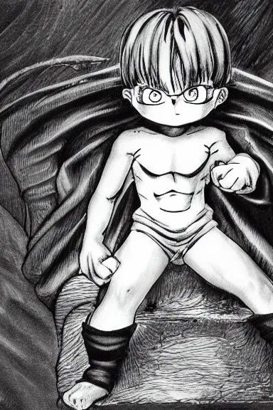 Image similar to attractive salvage little boy in cat suit, black and white artwork made by kentaro miura and yoshihiro togashi