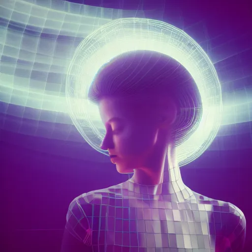 Prompt: a render of girl in white dress dancing, halo over her head, glitchy, glitch art, Chromatic aberration, nobody knows the future, cinema4d, vray, octane, 8k