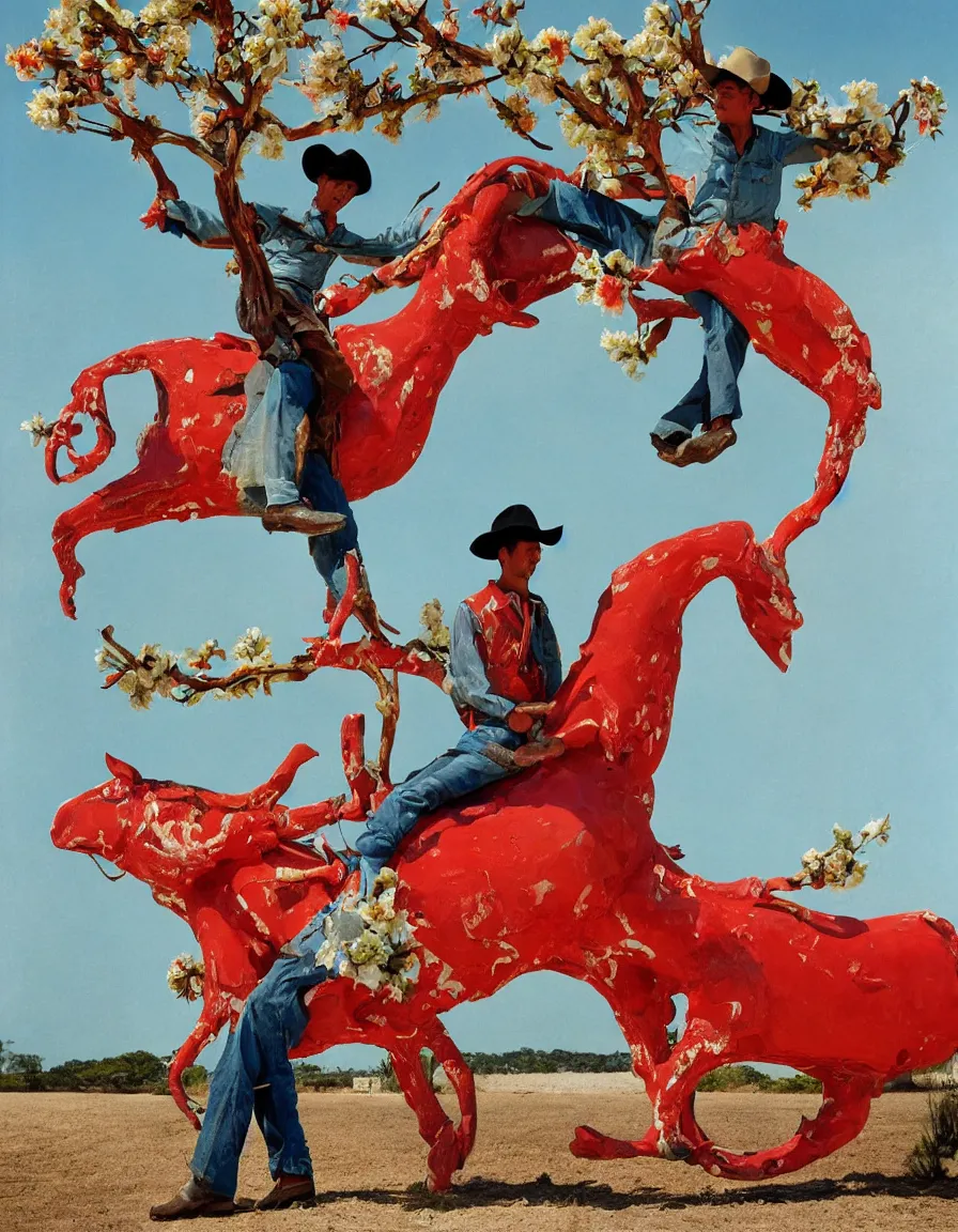 Image similar to a cowboy turning into blooms by slim aarons, by zhang kechun, by lynda benglis. tropical sea slugs, angular sharp tractor tires. complementary colors. warm soft volumetric light. national geographic. 8 k, rendered in octane, smooth gradients. manly cowboy riding by edward hopper. red accents.