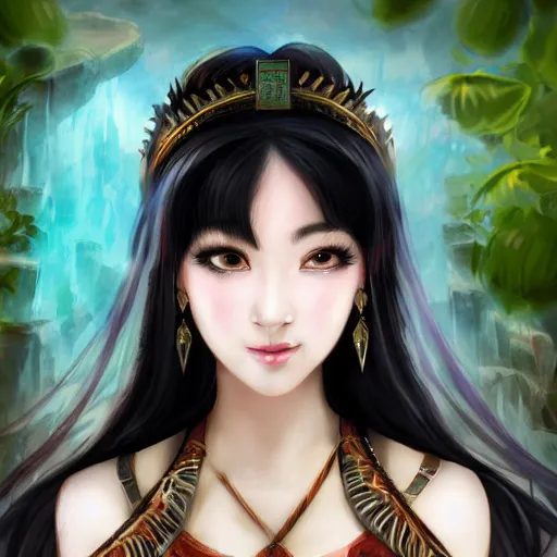 Prompt: ancient asian dynasty princess, three kingdom, dynasty warriors, cute face, standing in an oasis in the desert, comics, beautiful, elegant, headshot, long black hair, digital painting, smooth, concept art