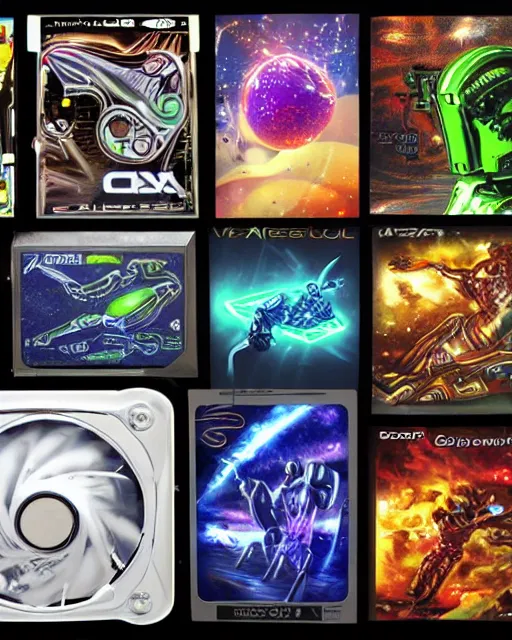 Image similar to Various graphics card box art late 90s early 2000s graphics card boxes box art 90s 2000s y2k futuristic cheesy metallic alien cgi motion blur voodoo graphics cyborg pc gaming liquid silver millennium nvidia ati elsa hercules prophet