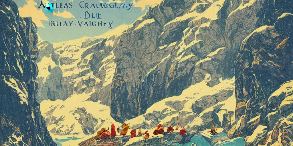 Image similar to beautiful idyllic poster illustration for a craggy ice valley national park by ludwig hohlwein, ludwig hohlwein, with close - up of grandma photorealistic eating crayons photoshopped into it