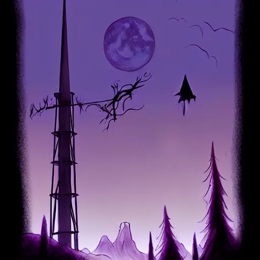 Image similar to abigail larson, don bluth, artgerm, purple color pallete, welcome to night vale, radio tower with black hole above it, helicopter, spooky strange weird quirky, cartoon, 2 d, chiral lighting