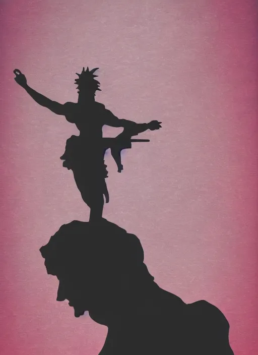 Image similar to dark design poster showing a greco roman statue, black background with very subtle red and purple design elements, powerful, nekro, vito acconci, thin straight lines, dark, glitch art, neo vaporwave, gritty, layout frame, square, trending on artstation