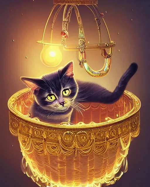 Image similar to cute female cat inside an ornate flying balloon basket of iridescent liquid, alchemy, shiny plastic, intricate, bloom, detailed, volumetric lighting, sharp focus, photorealism, digital painting, highly detailed, concept art, by by artgerm and wlop