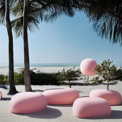 Image similar to An ultra high definition, professional photograph of an outdoor partial IKEA showroom inspired sculpture located on a pastel pink beach ((with pastel pink, dimpled sand where every item is pastel pink. The sun can be seen rising through a window in the showroom.)) The showroom unit is outdoors and the floor is made of dimpled sand. Morning time indirect lighting with on location production lighting on the showroom. In the style of wallpaper magazine, Wes Anderson.