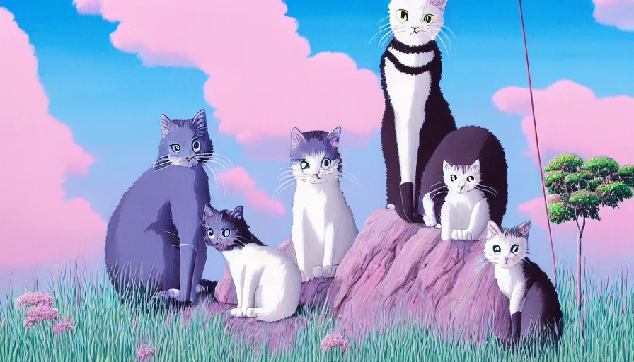 Prompt: highly detailed contemporary acrylic painting of really tall sitting cats by studio ghibli, thick brush strokes and visible paint layers, glistening clouds in background, light blue black, white and pink vivid pastel color scheme