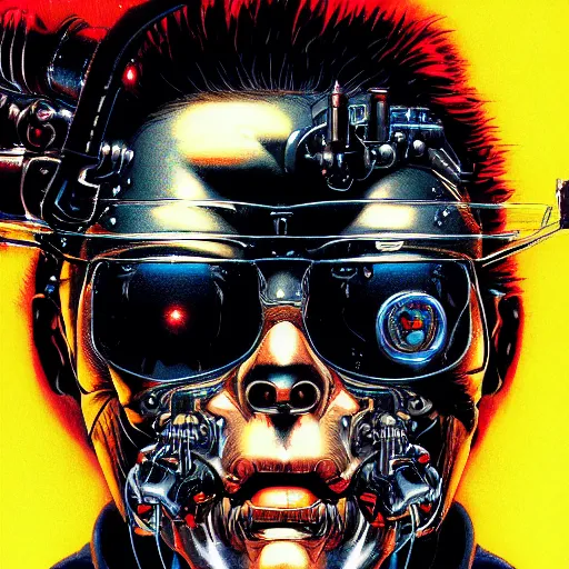 Image similar to portrait closeup of crazy terminator, symmetrical, cinematic colors, by yoichi hatakenaka, masamune shirow, josan gonzales and dan mumford, ayami kojima, takato yamamoto, barclay shaw, karol bak, yukito kishiro