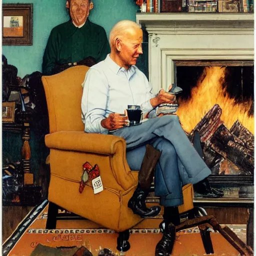 Image similar to a norman rockwell painting of the Joe Biden sitting in a chair, cozy fire, award winning,