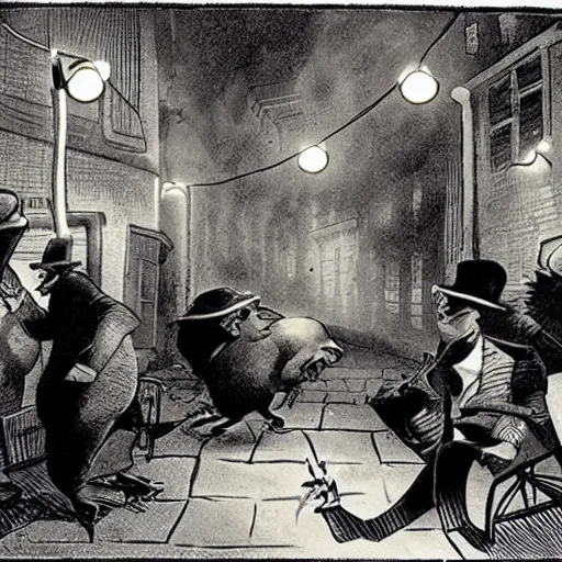 Image similar to fat rats gambling with a single light overhead, down a dark alleyway, smoking, roaring 2 0 s