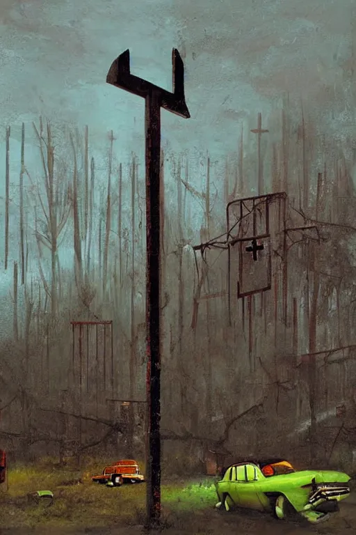 Image similar to scene fromlouisiana swamps, old protestant church with neon cross, junkyard by the road, boy scout troop, voodoo artwork by tim eitel