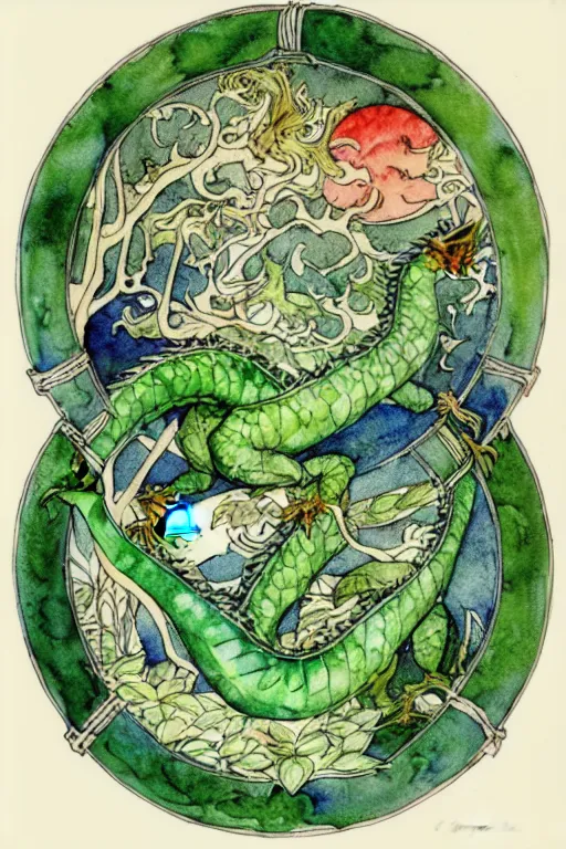 Image similar to green dragon watercolor painting in the center of a circular frame of leaves, art by walter crane and arthur rackham, illustration style, watercolor