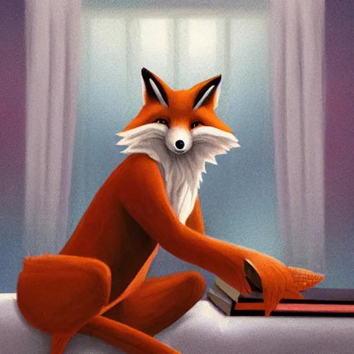 Image similar to an anthropomorphic fox wearing a t-shirt and jeans sitting on a couch, DeviantArt, Artstation, matte fantasy painting, matte fantasy painting, furry, anthro, anthropomorphic, furaffinity, cartoon, disney