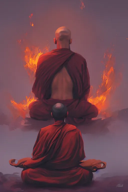 Image similar to A meditating monk on fire by Afshar Petros, Trending on artstation.