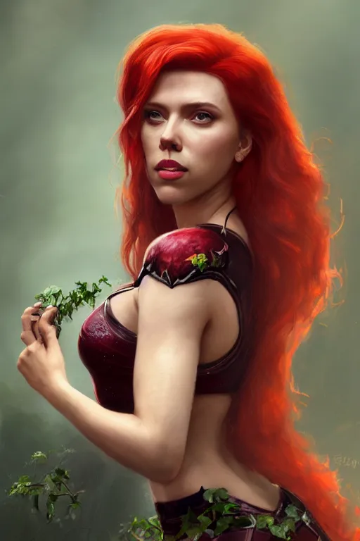 Prompt: a fancy portrait of Scarlett Johansson as poison ivy by Greg Rutkowski, Sung Choi, Mitchell Mohrhauser, Maciej Kuciara, Johnson Ting, Maxim Verehin, Peter Konig, final fantasy , mythical, 8k photorealistic, cinematic lighting, HD, high details, atmospheric,