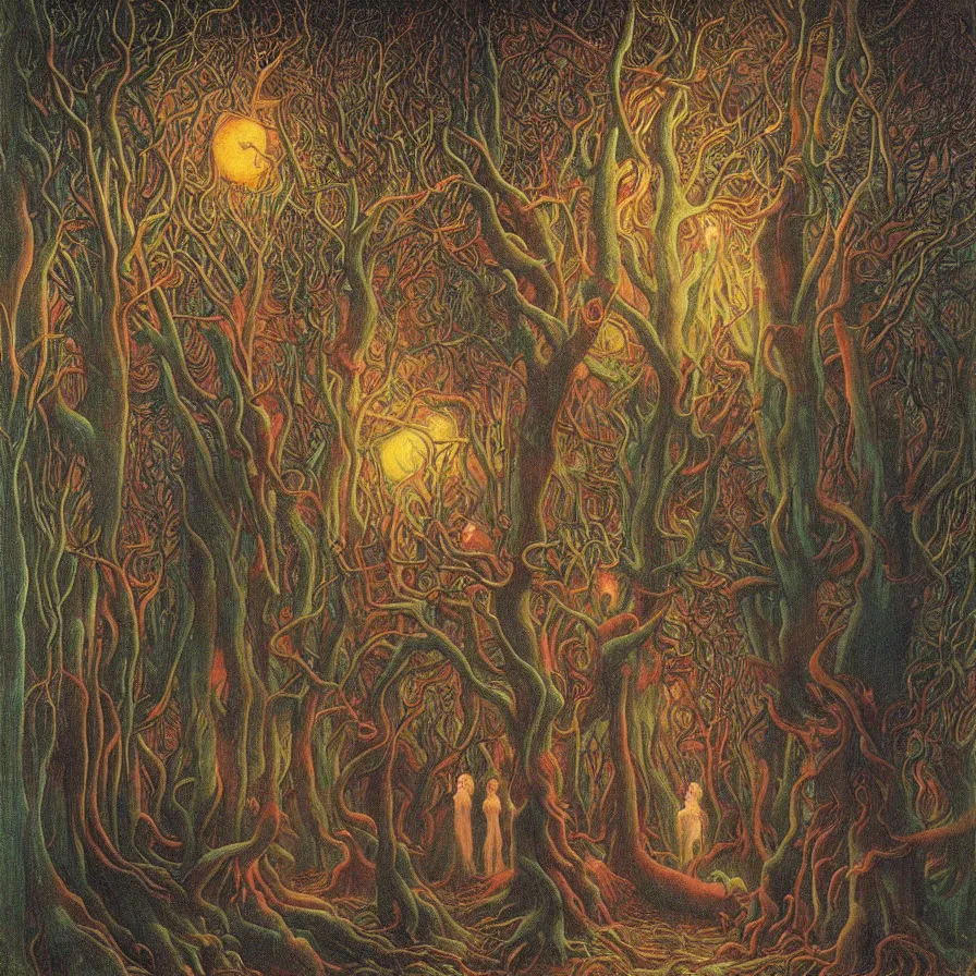 Prompt: a night carnival around a magical tree cavity, with a surreal orange moonlight and fireworks in the background, next to a big lake with iridiscent water, christmas lights, folklore animals and people disguised as fantastic creatures in a magical forest by summer night, masterpiece painted by jean delville, gustave dore and marco mazzoni, art nouveau, dark night environment