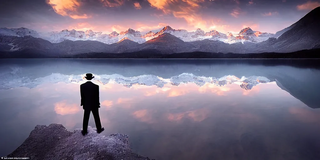 Image similar to amazing landscape photo of a man wearing tuxedo standing on the lake at sunrise by Charlie Waite and Marc Adamus beautiful dramatic lighting, surrealism, sharp, smooth, detailed