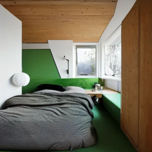 Prompt: cosy compact bedroom interior, modern, green, birch wood, minimalist, bed, cupboards, white, bright, natural materials, large windows with a view of a green courtyard with trees, japanese design, swedish design, bohemian