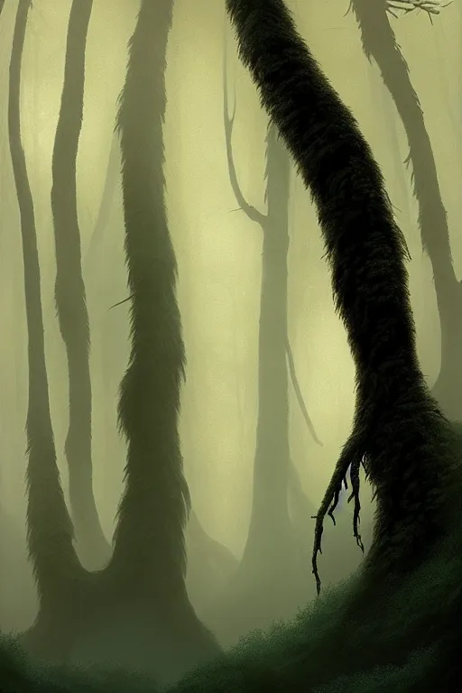 Prompt: emissary a dark moody forest moon home of the furry yellow eyed ewoks, small fires illuminating the forest, foggy blue hour, light traveling through the trees, small creek, ( designated : ix 3 2 4 4 - a ) by arthur haas and bruce pennington and john schoenherr, cinematic matte painting, 8 k, dark color palate