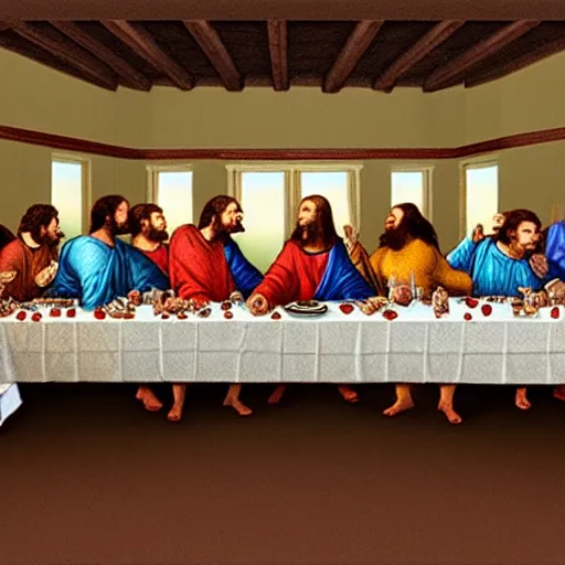 Prompt: the last supper but they are all drinking whiskey and captain morgan, realistic, hdr, clear image, hdd, rtx on,