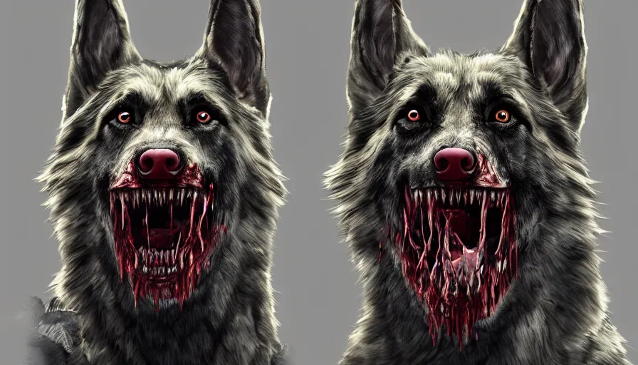 Image similar to zombie german shepherd with sharp teeth, bloody eyes, hyperdetailed, artstation, cgsociety, 8 k