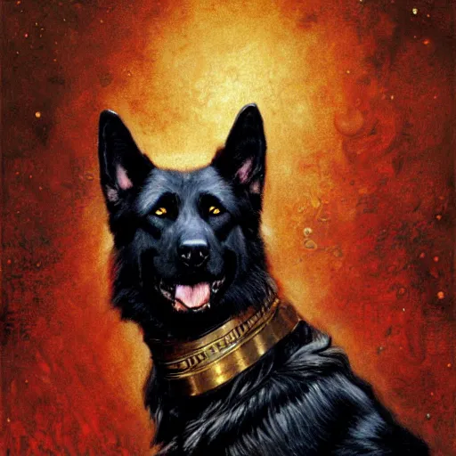 Image similar to a portrait of a black german shepard dogman canine with human eyes and mouth star trek captain red shirt. highly detailed painting by gaston bussiere craig mullins jc leyendecker gustav klimt artgerm greg rutkowski