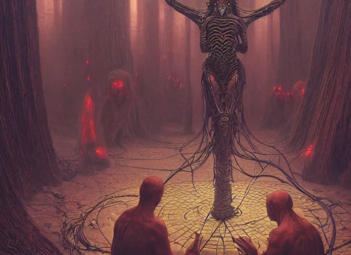 Prompt: satanic ritual, summoning the devil, neon, they are watching, RGB, glowing wires everywhere, pristine, by Edgar Maxence and Ross Tran, Zdzisław Beksiński, and Michael Whelan, distant, gustav dore, H.R. Giger, 8k, octane render