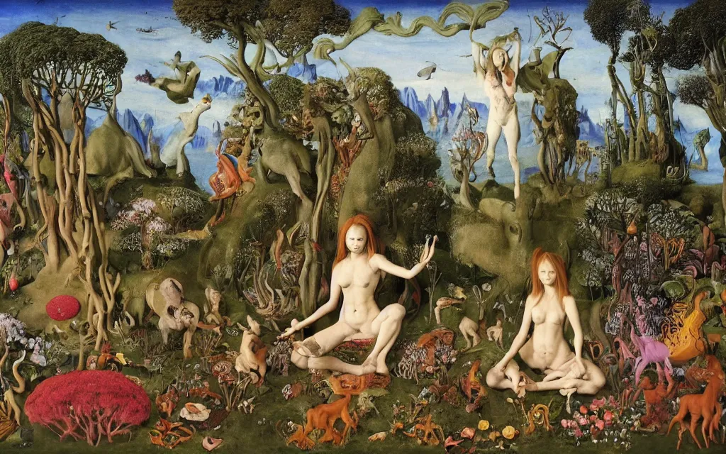 Prompt: photograph of a meditating centaur shaman and a mermaid feeding animals. surrounded by bulbous flowers, animals and a few trees. river delta with dry rocky mountains under a blue sky full of burning stars. painted by jan van eyck, max ernst, ernst haeckel, ernst fuchs and artgerm. trending on artstation, treding on cgsociety