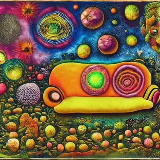 Image similar to psychedelic trippy couch in forest, planets, flowers, mushrooms milky way, sofa, cartoon by giuseppe arcimboldo