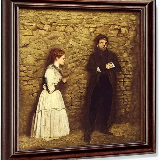 Image similar to young victorian man and woman solving a riddle carved into a stonewall in a dungeon, by alfred stevens