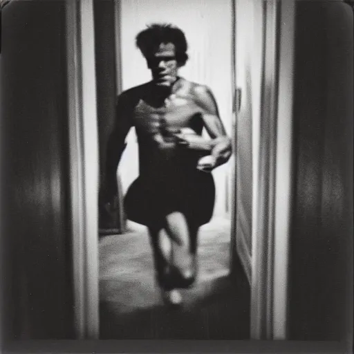 Prompt: A creepy polaroid photo of Willem Dafoe chasing you down a hallway