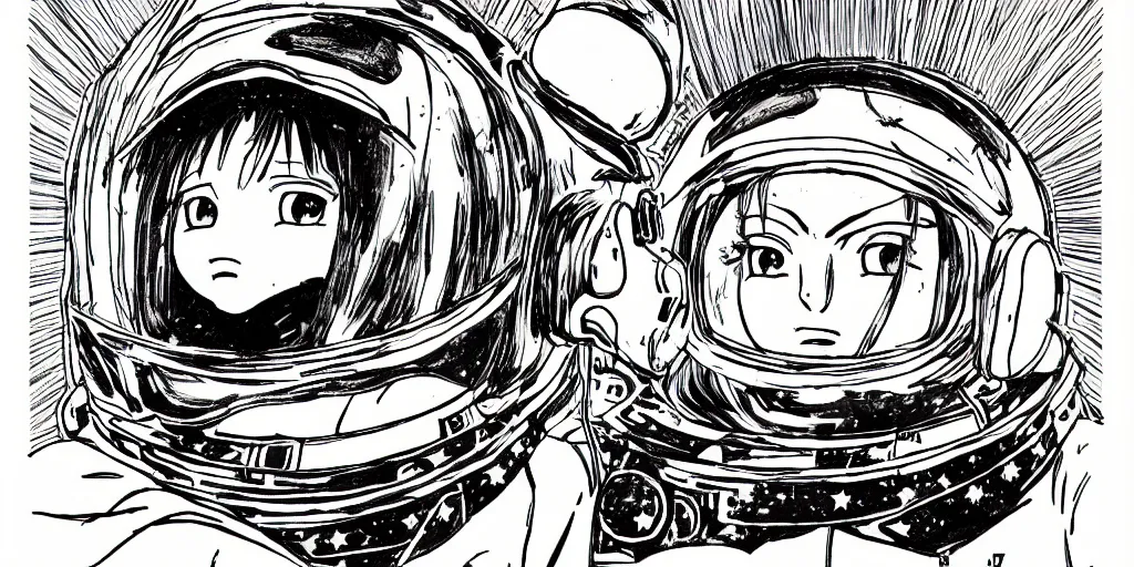 Image similar to manga portrait of a woman wearing a space helmet, akira toriyama, lineart, black and white, scifi, big clouds visible in the background, stars in the sky, high contrast, deep black tones