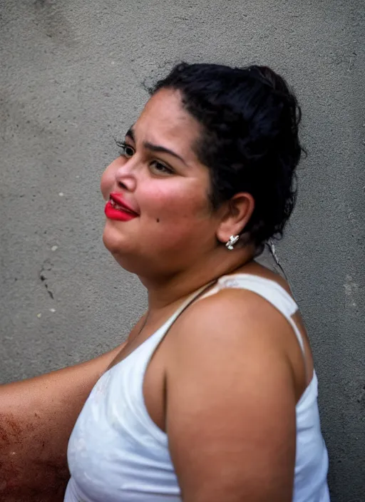 Image similar to close up portrait of a beautiful, chubby, 30-year-old Cuban woman, happy, candid street portrait in the style of Martin Schoeller, award winning, Sony a7R