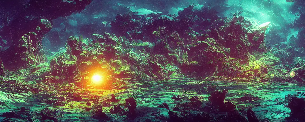 Image similar to ” underwater alien landscape, [ organic, liquid, cinematic, detailed, epic, widescreen, opening, establishing, mattepainting, photorealistic, realistic textures, octane render, art by slop and paul lehr ] ”