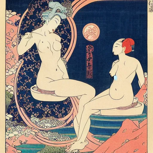 Prompt: The body art shows Venus seated on a crescent moon. She is surrounded by the goddesses Ceres and Bacchus, who are both holding cornucopias. Twitter, Corinthian architecture by Katsushika Hokusai, by Fernand Toussaint energetic, relaxed