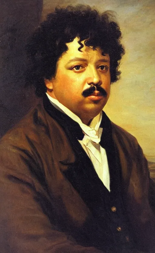 Image similar to Portrait of Alexandre Dumas, oil on canvas, highly detailed, by Delacroix, 8k