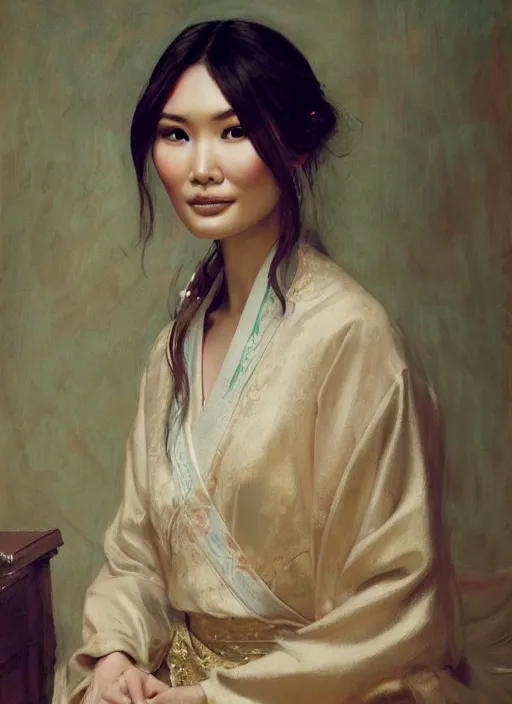 Image similar to detailed portrait of gemma chan wearing hanfu, natural light, painting by gaston bussiere, craig mullins, j. c. leyendecker