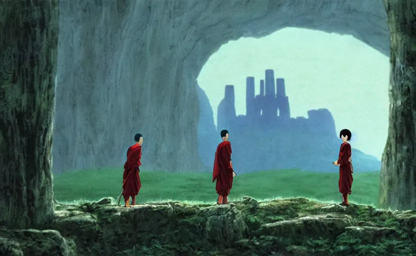 Image similar to movie still from princess mononoke ( 1 9 9 7 ) showing a highly detailed landscape with two monks in lotus position with stonehenge in the background 1 9 8 0 s science fiction, 1 9 7 0 s science fiction, cyberpunk, moody, misty, depth perception, 4 k, artstation