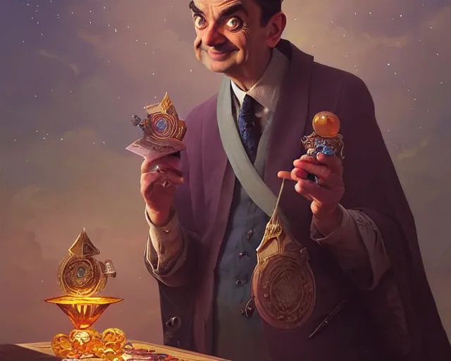 Image similar to mr bean looking very happy, photography of kurzgesagt, deep focus, d & d, fantasy, intricate, elegant, highly detailed, digital painting, artstation, concept art, matte, sharp focus, illustration, hearthstone, art by artgerm and greg rutkowski and alphonse mucha