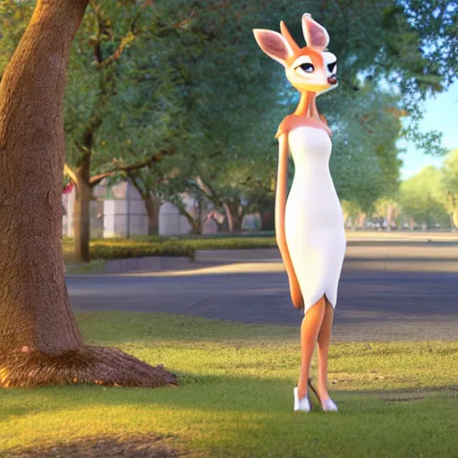Prompt: portrait, 3 d render, tall, sexy, little fat, anthropomorphic female deer, wearing along white dress, in the style of zootopia,