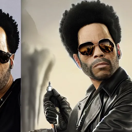 Image similar to lenny kravitz ( with accurate face ) as men in black agent fighting aliens, dynamic movie still, detailed 8 k photorealistic portrait, imdb poster style