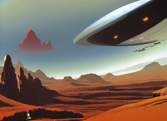 Image similar to a spaceship in a stunning landscape by dean ellis