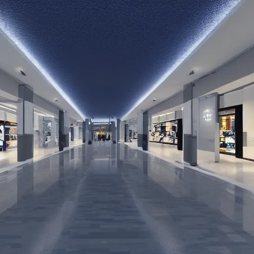 Prompt: interior design of a shopping mall, modern minimal design, blue and grey color scheme, photorealist, 4 k