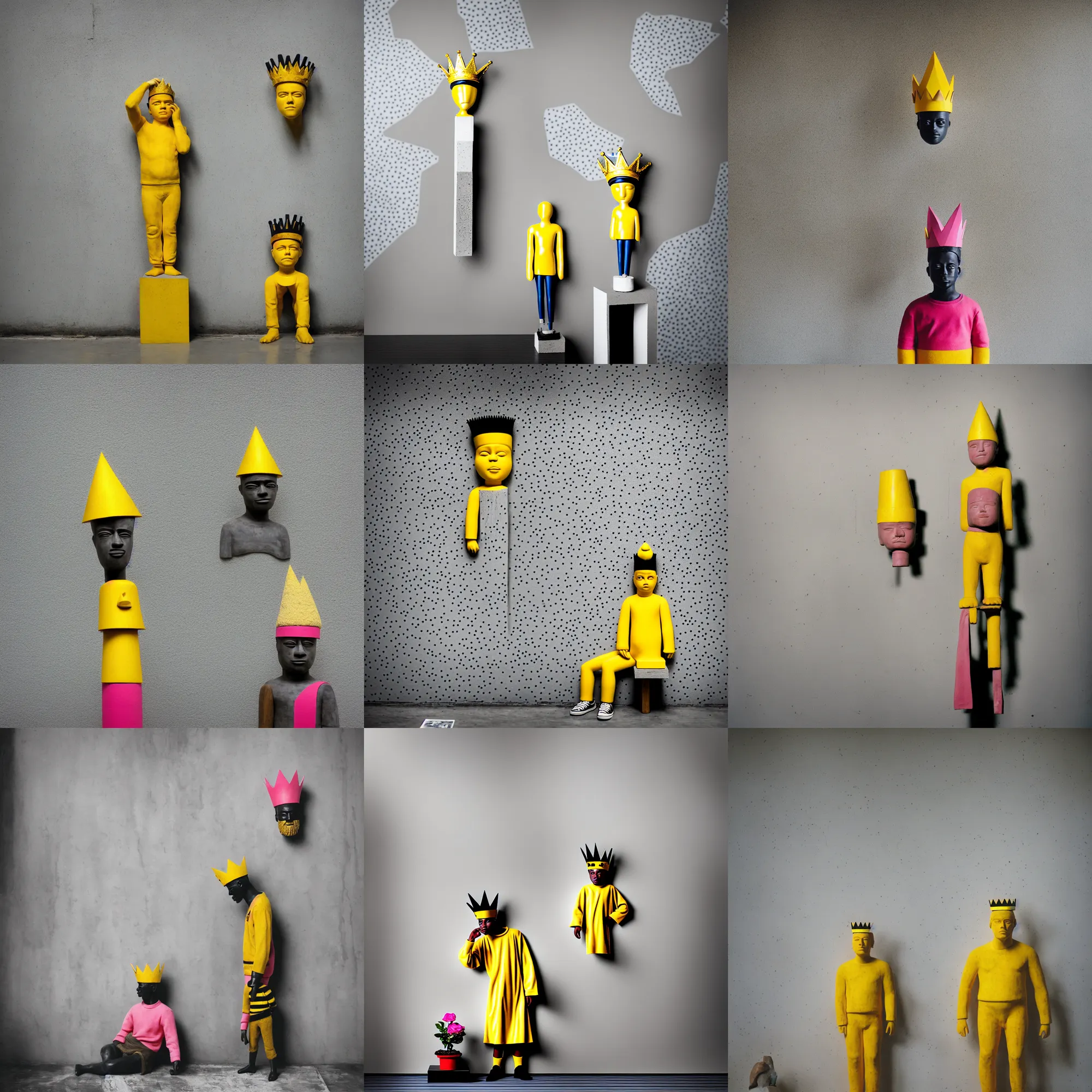 Image similar to kodak portra 4 0 0, 8 k, shot of a highly detailed, britt marling style, colour still - life portrait of a large minimalistic room, rough concrete walls, the wooden statue of a yellow black striped little man with pink crown on his head