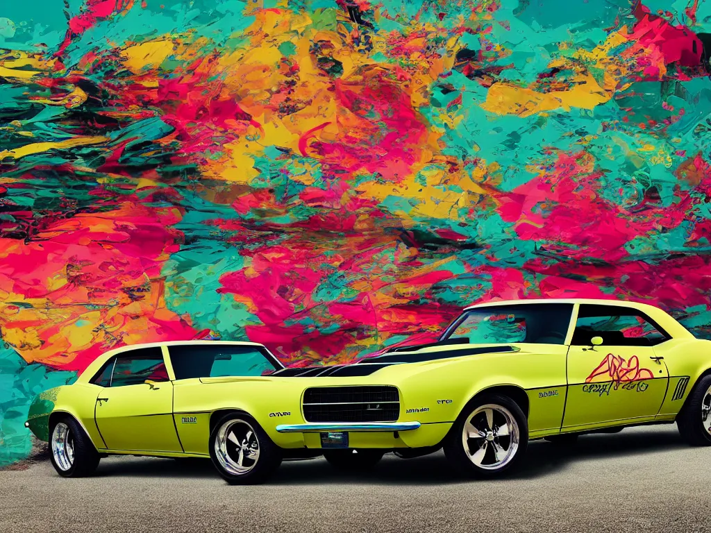 Prompt: poster of a 1969 Chevy Camaro with Arizona Iced Tea livery 4k