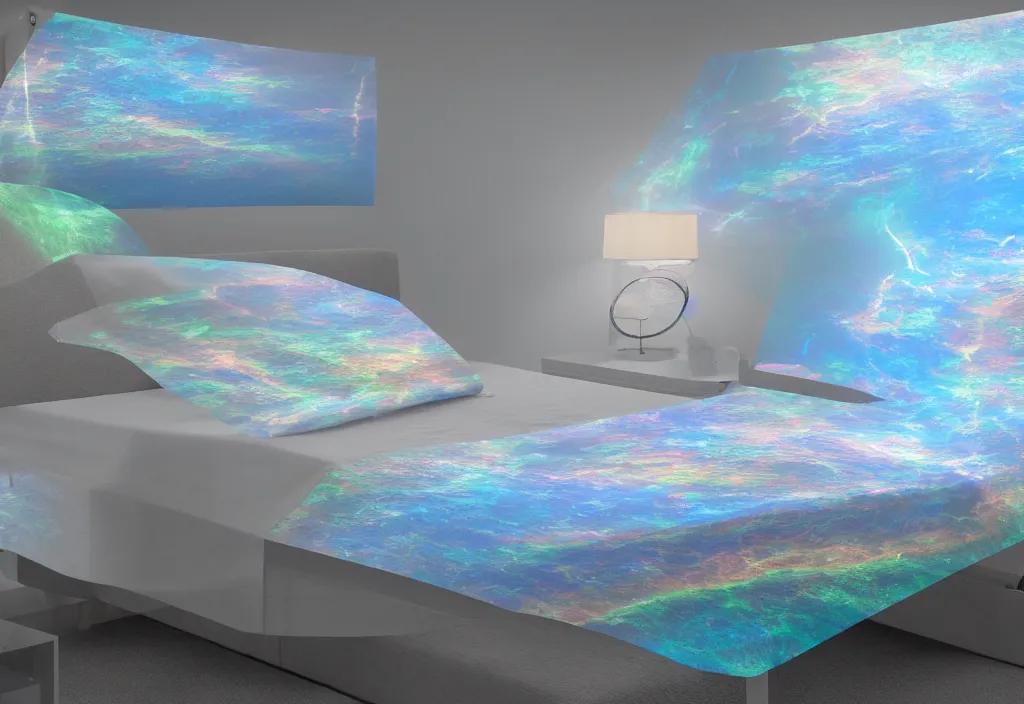 Image similar to curved translucent bedsheets projecting 3 d detailed florida storm holographic volumetric weathermap, pixel perfect photograph, high contrast, volumetric lighting, thin glowing lights, bedroom, visor, users, pair of keycards on table