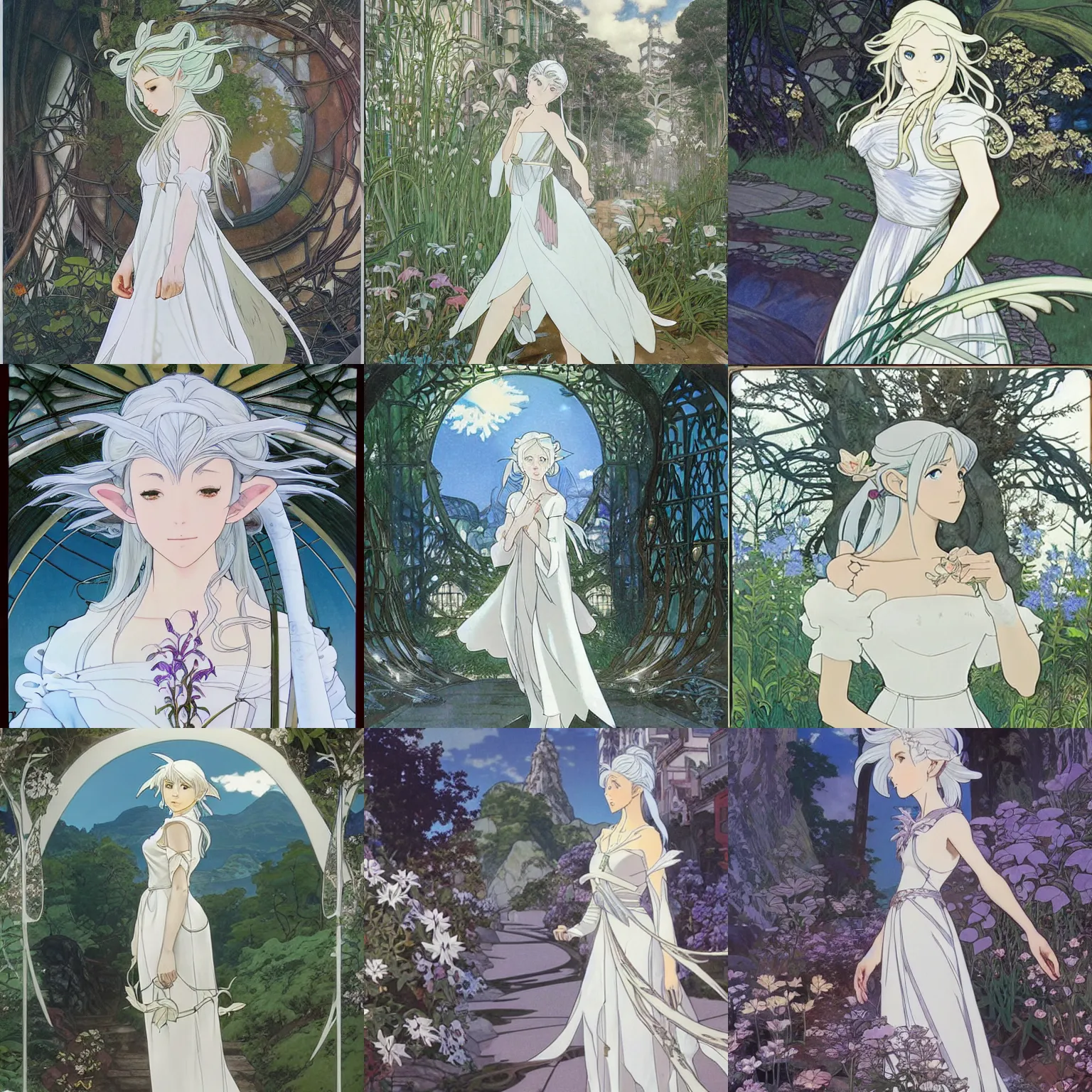Prompt: Portrait of a beautiful silver-haired elf wearing a white dress walking through a city reclaimed by nature, fantasy, defined facial features, highly detailed, animation cel, official Kyoto Animation and Studio Ghibli anime screenshot, by Tetsuya Nomura and Alphonse Mucha