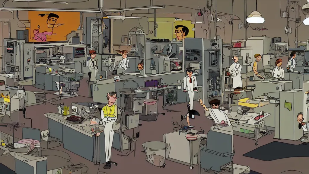 Prompt: inside view of dexter's laboratory, animated, high detail, machines